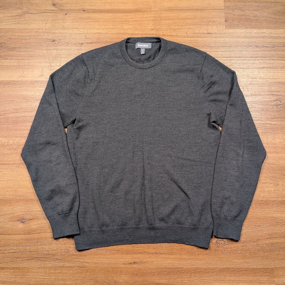 Bonobos Crew Neck Sweater Mens Medium Gray 100% Extra Fine Merino Wool Preppy